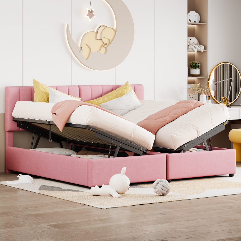 Cama tapizada 180x200cm con canapé hidráulico lino – rosa