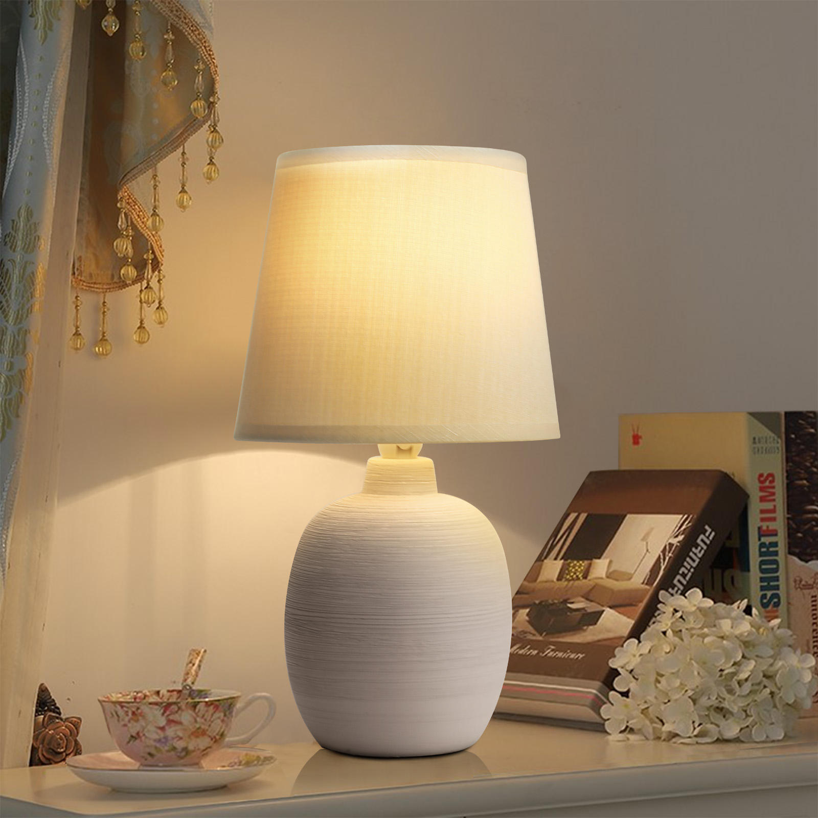 Aigostar lámpara de mesa e14, LED, tela, estilo vintage para dormitorio