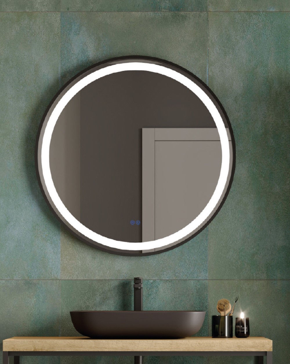 Espejo redondo baño luz LED 70cm negro