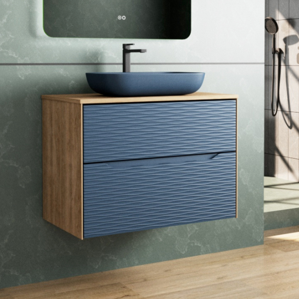 Mueble baño suspendido con tapa y lavabo | roble natural - blue80cm