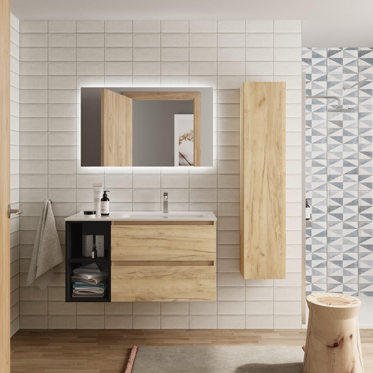 Mueble baño bequia plus 90 cm roble y coqueta izquierda negro con lavabo
