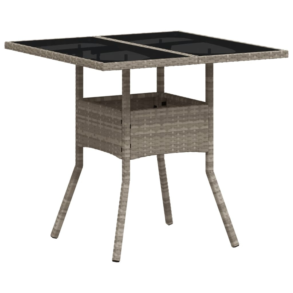 vidaXL mesa de jardín superficie de vidrio y ratán pe gris 80x80x75 cm