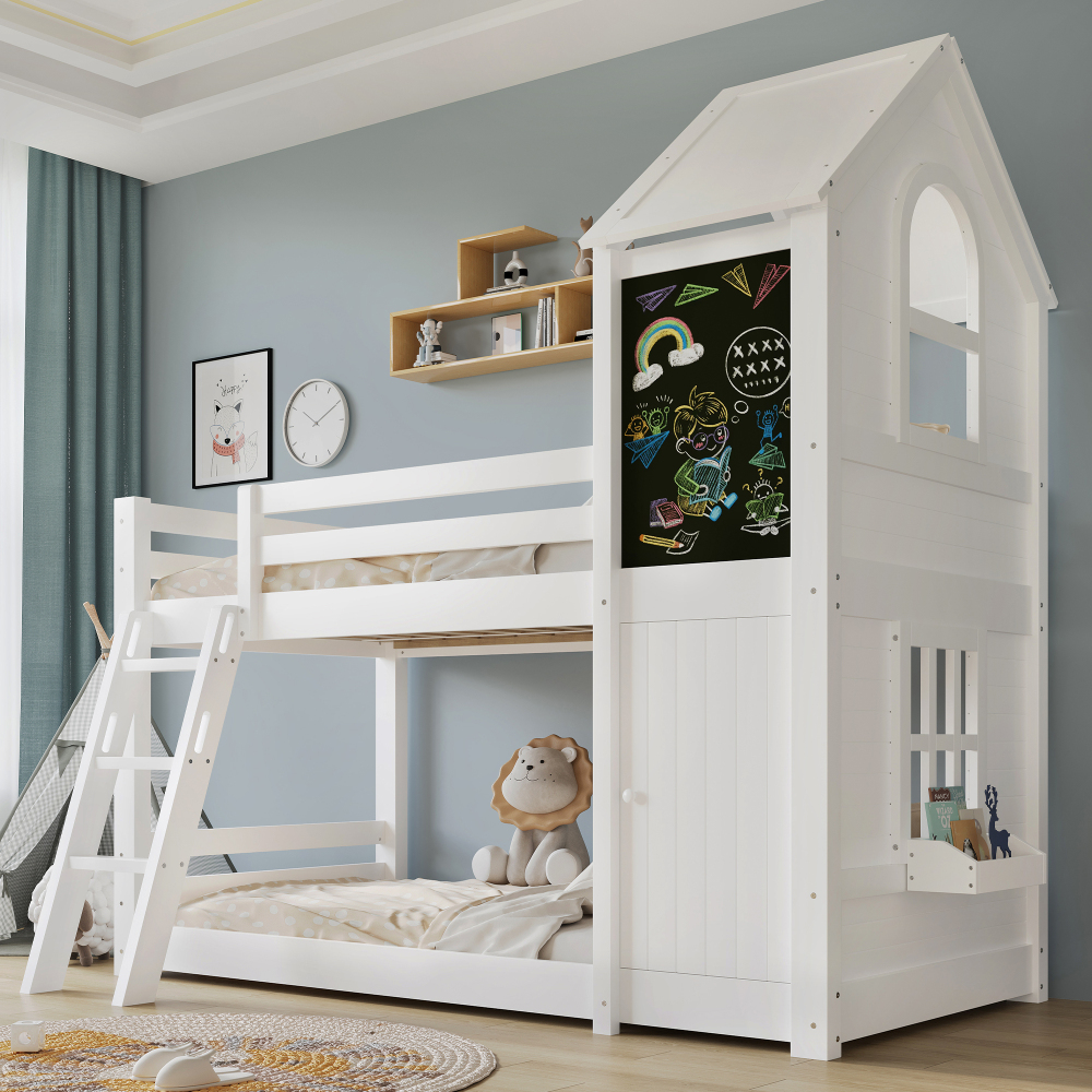 Litera 90x200 cm con techo, ventanas y pizarra madera – blanco