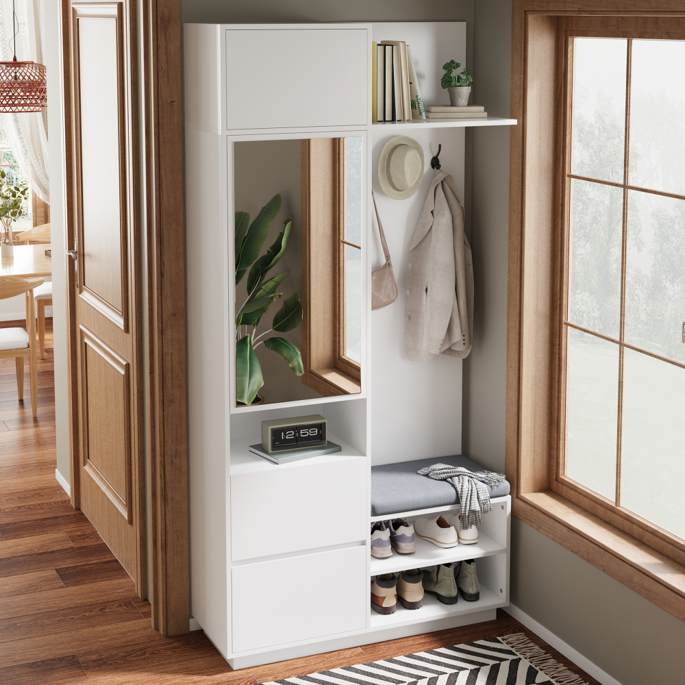 Mueble recibidor con espejo banco zapatero y cajón blanco 190x90x34,5cm
