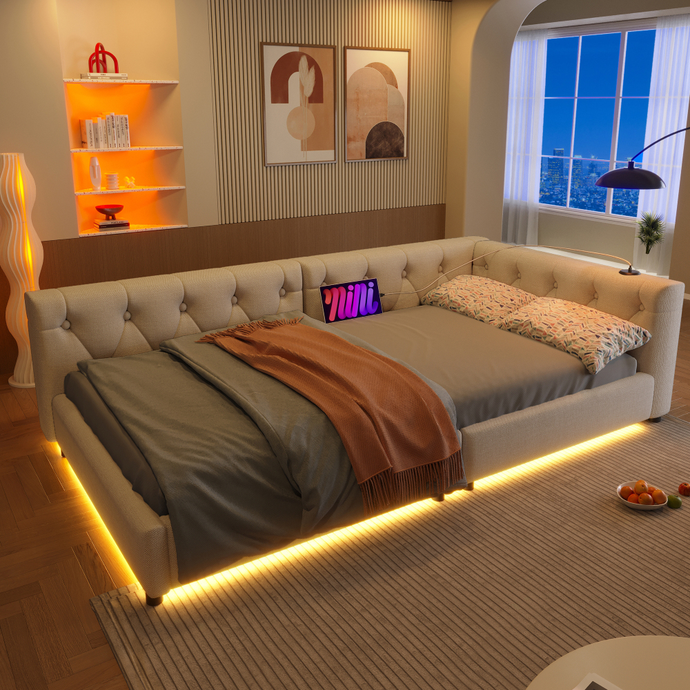 Sofá cama 90x200cm con LED y usb-c tapizado en lino – color beige