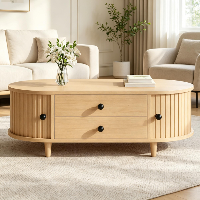 Mesa de centro con 2 cajones puertas enrollable madera natural 36x100x50cm