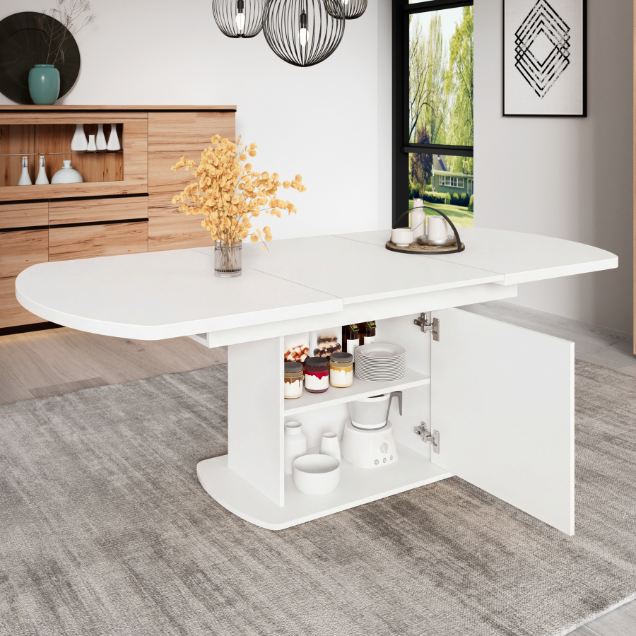 Mesa comedor extensible ovalada con almacenamiento blanca 75x140-200x80cm