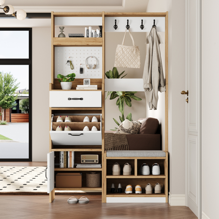 Mueble recibidor con zapatero banco perchero 1 cajón blanco 180x108,5x35cm