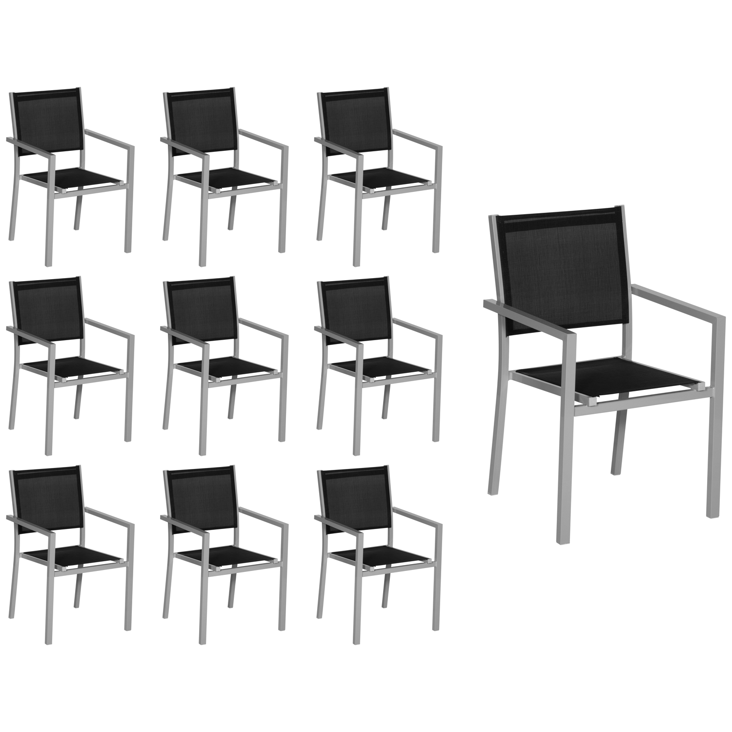 Juego de 10 sillas de aluminio gris textileno negro