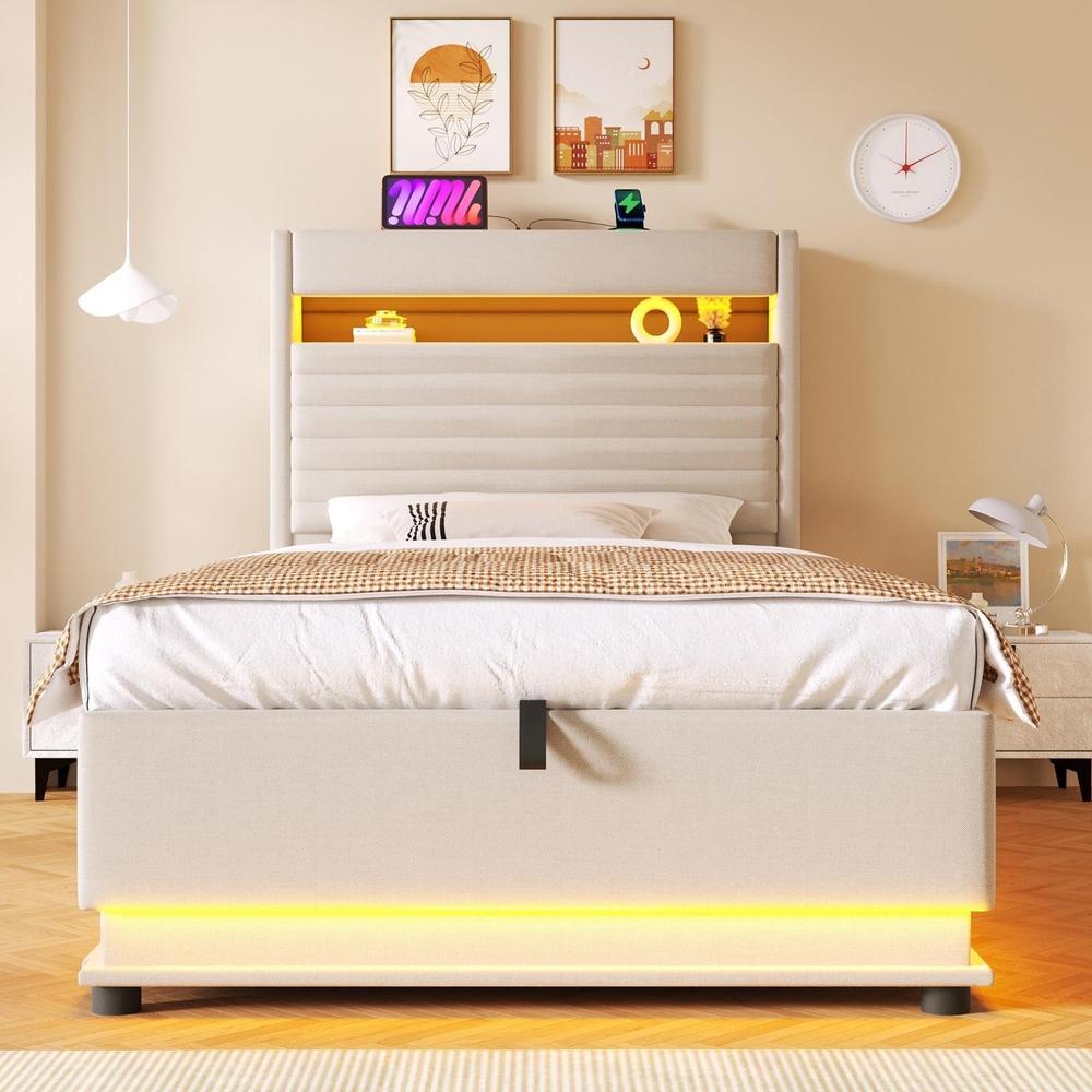 Cama con almacenaje 90x200cm con LED usb type c hidraulica beige