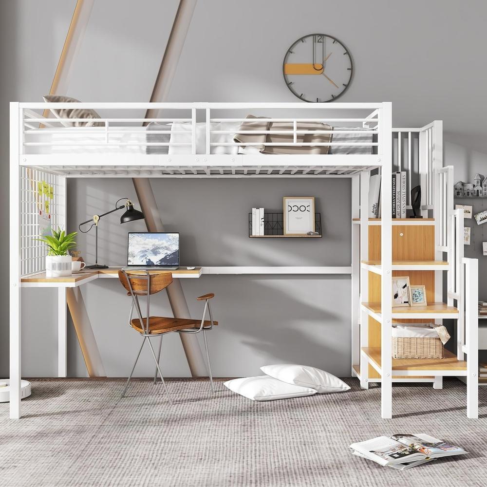 Cama alta infantil 90x200cm con escritorio, armario, escalera, blanca