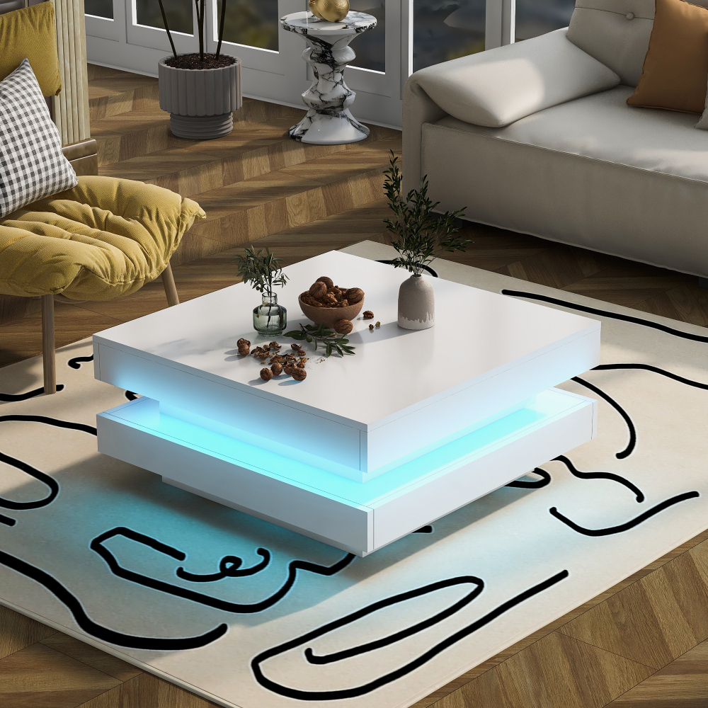 Mesa de centro cuadrada con LED tablero de partículas blanco 36x70x70cm
