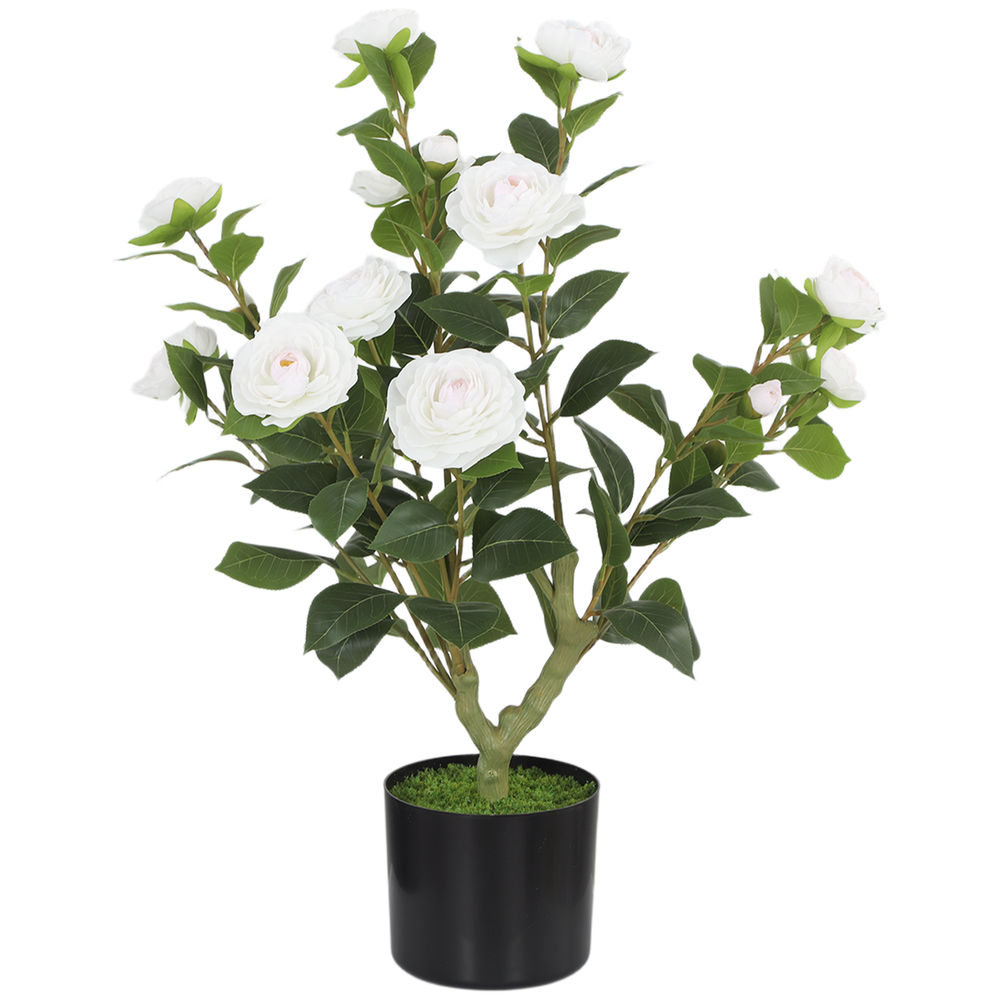 Planta artificial camelia 15x15x65 cm tela de seda, pe color blanco Homcom