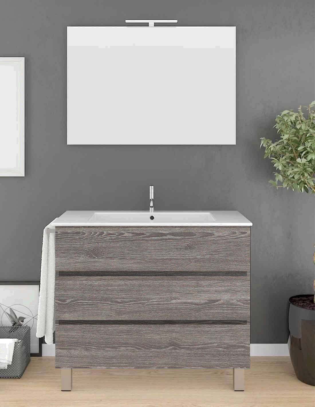 Mueble imperia 3 cajones, lavabo y espejo roble smoky 80 x 40 cm