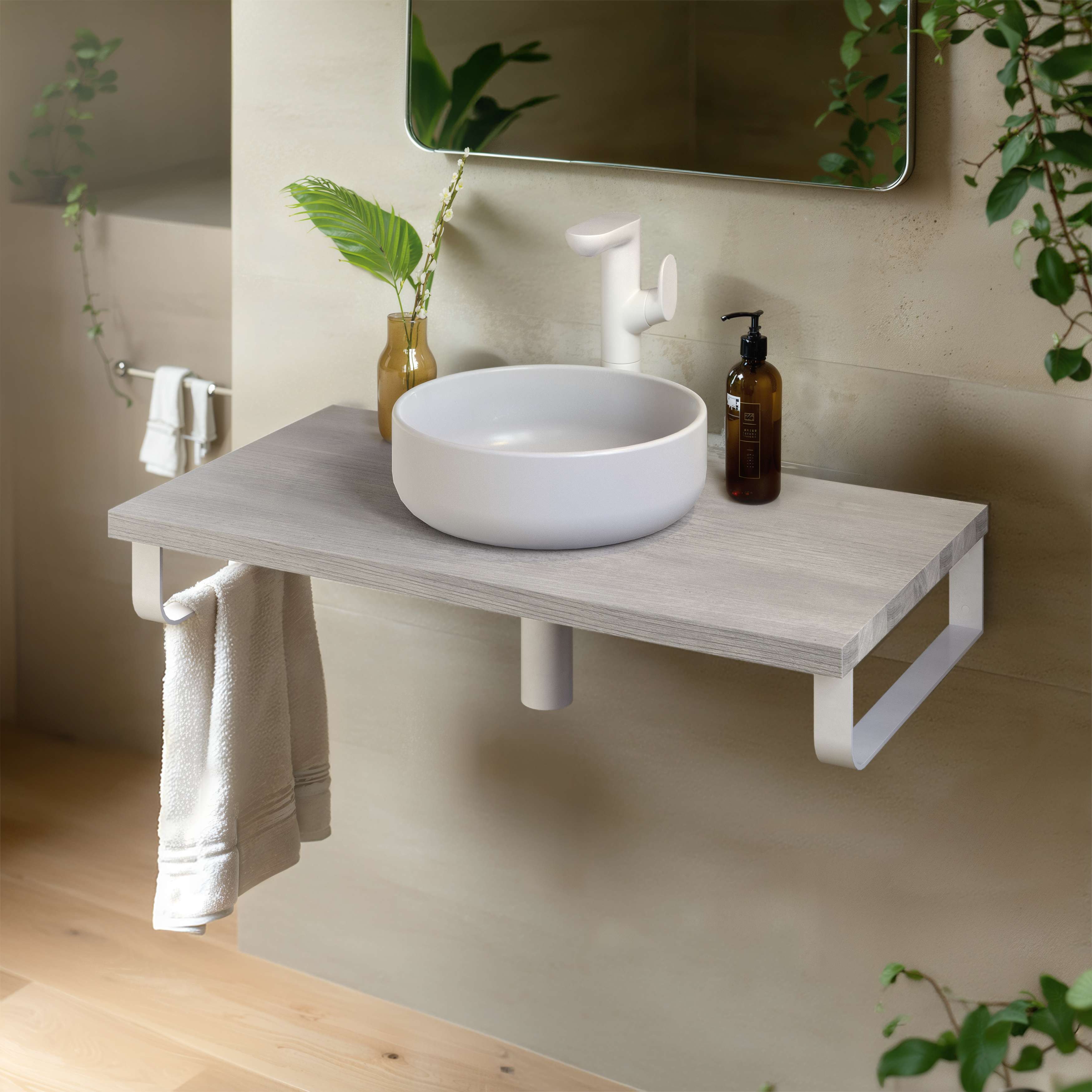 Encimera lavabo 91x49x3 cm chapa fresno natural con soportes blancos