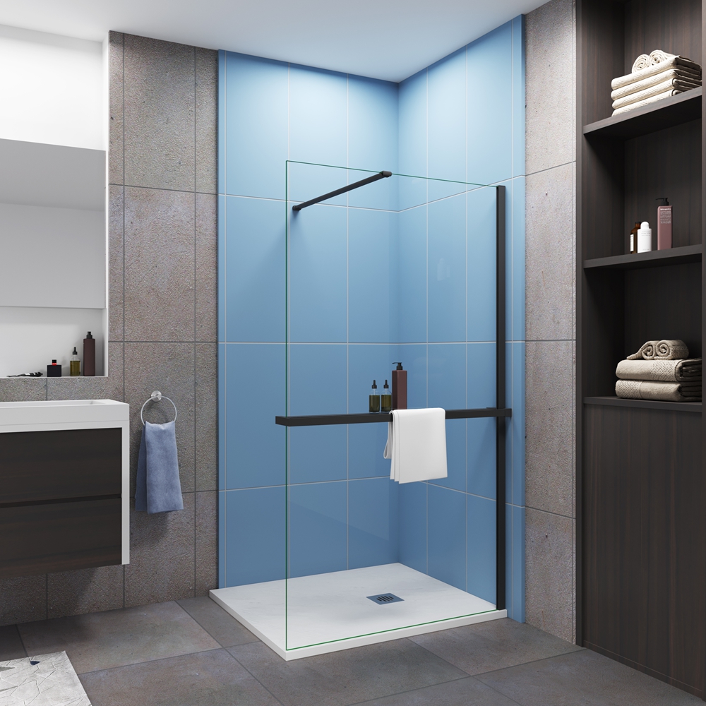 Mampara de ducha fija 100x200cm con estante-8mm antical-barra 90cm-negro