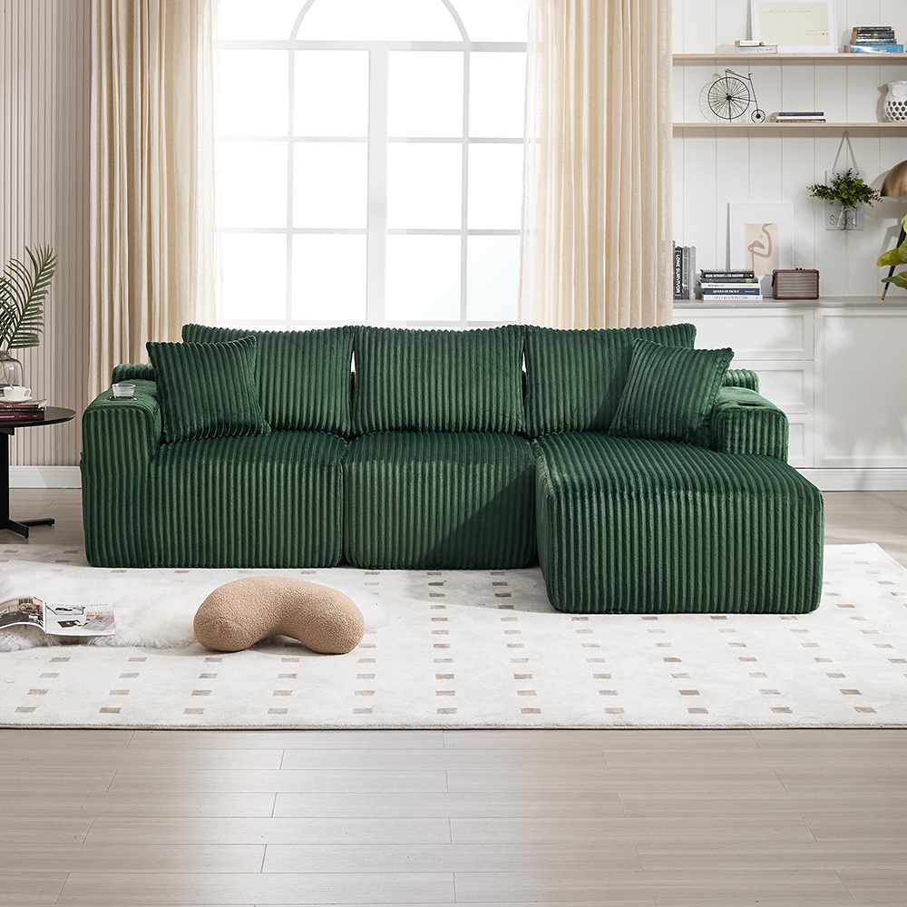 Sofá,komhtom,chaiselongue, 2 plazas, tejido cord y 5 cojines,verde