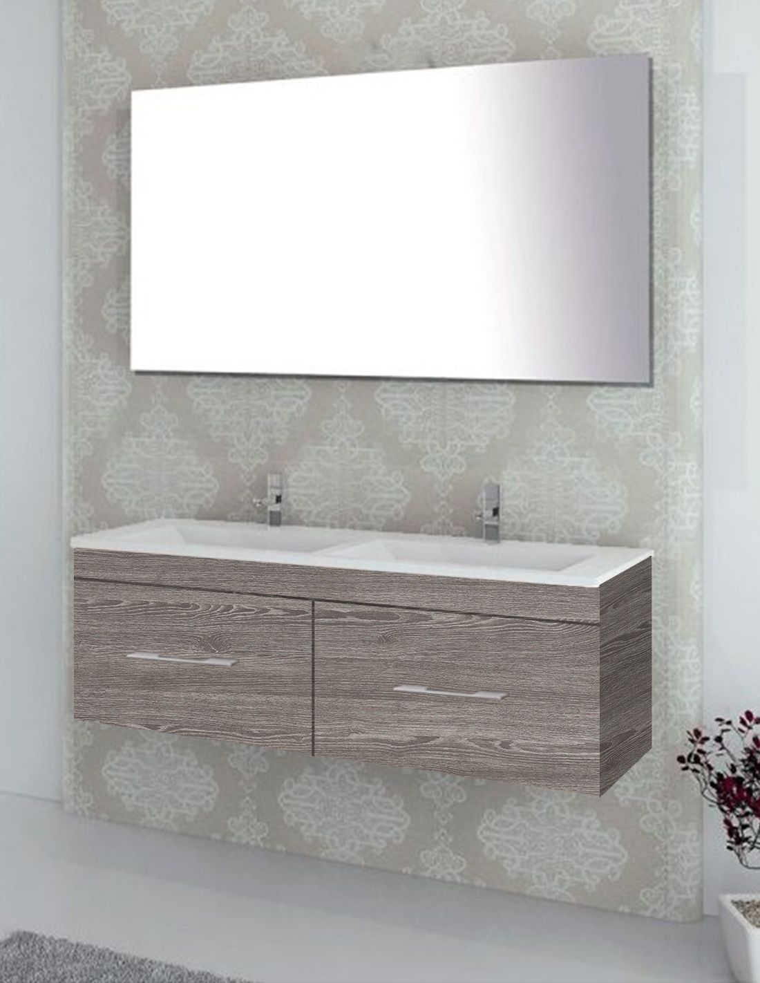 Mueble de baño florencia con lavabo dos senos y espejo 120x45cm roble smoky