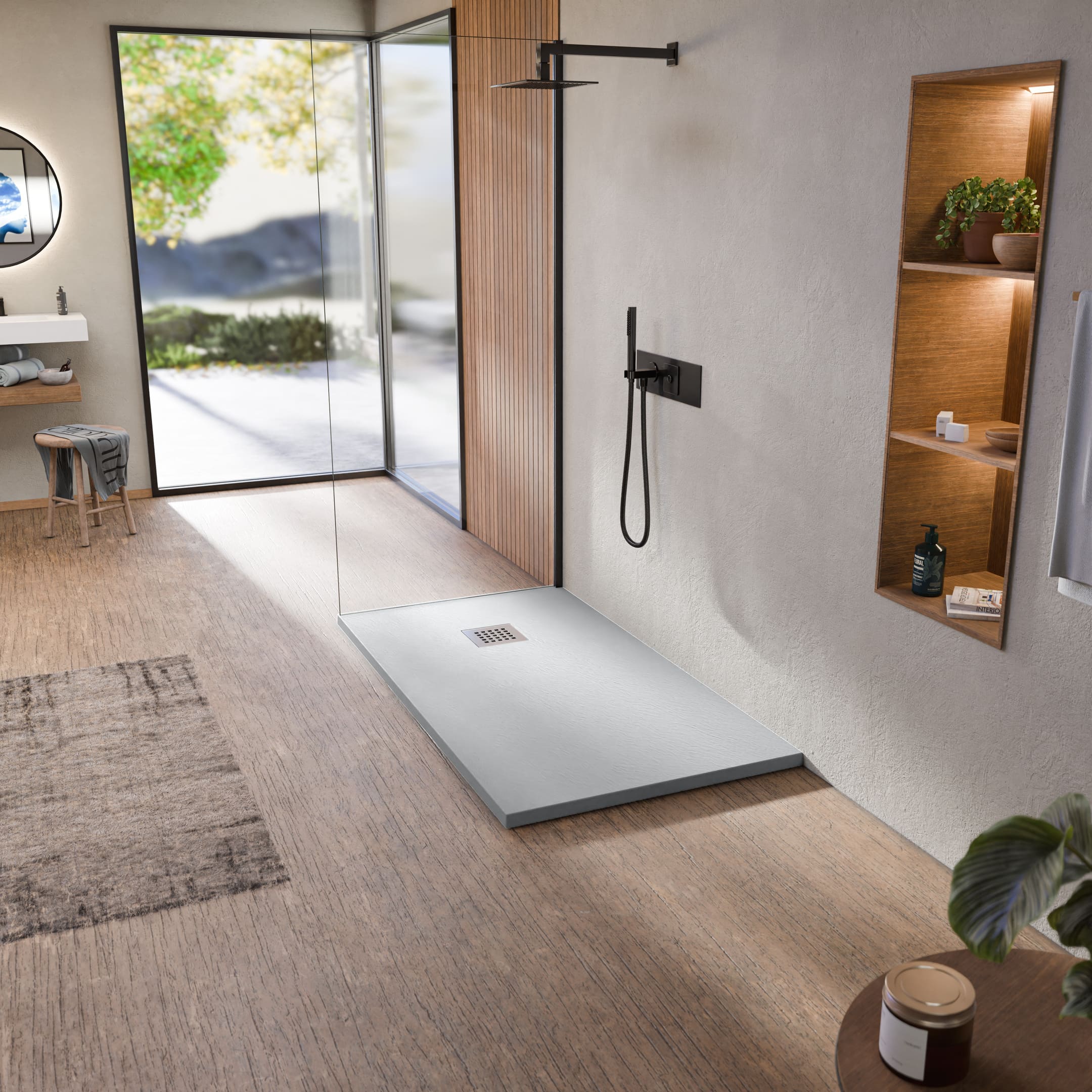 Plato de ducha de resina antideslizante cemento 70 x 200 cm bellobath