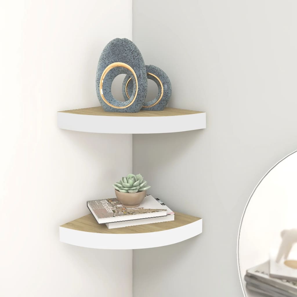 Estante de esquina de pared 2 uds mdf roble/blanco 35x35x3,8 cm
