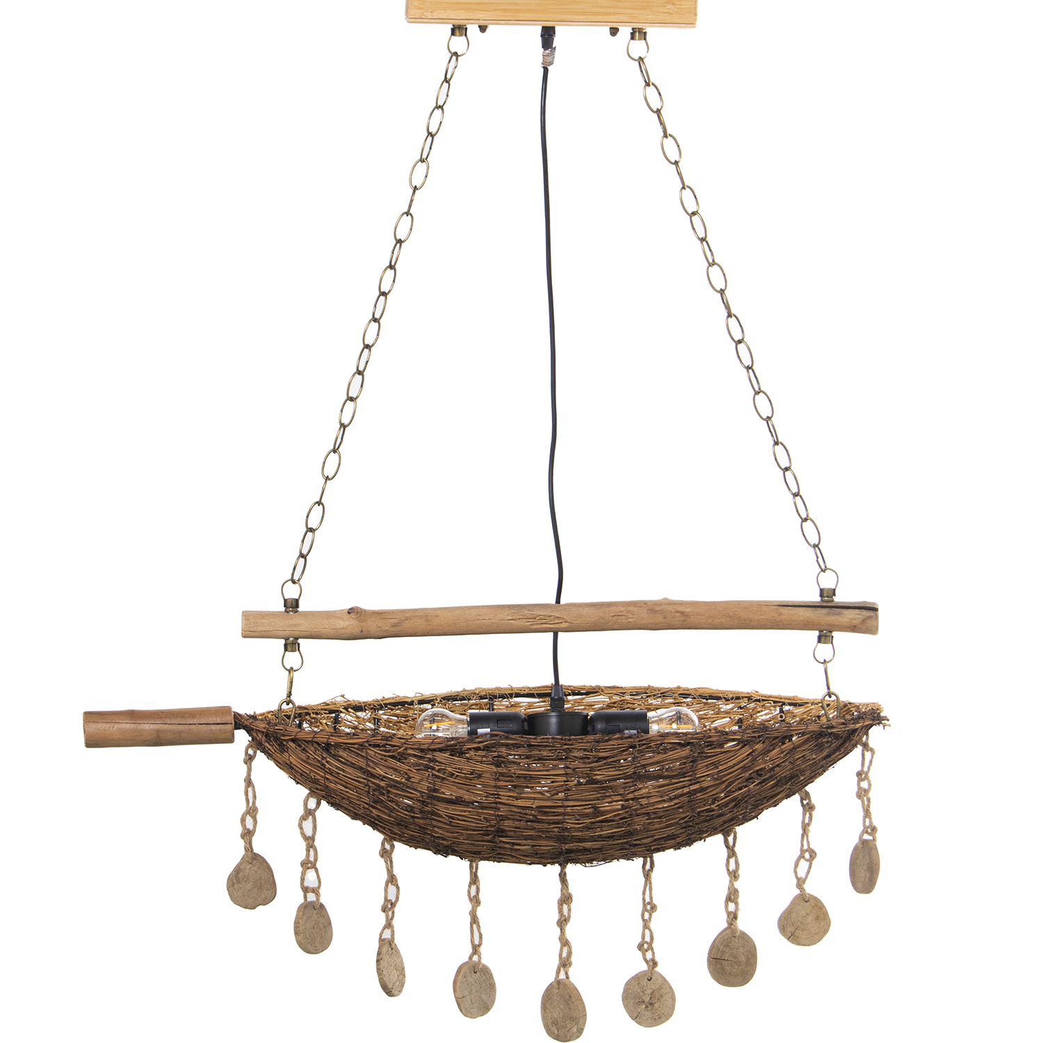 Lampara techo bambu, madera natural 2xE27 max60w, no incluida
