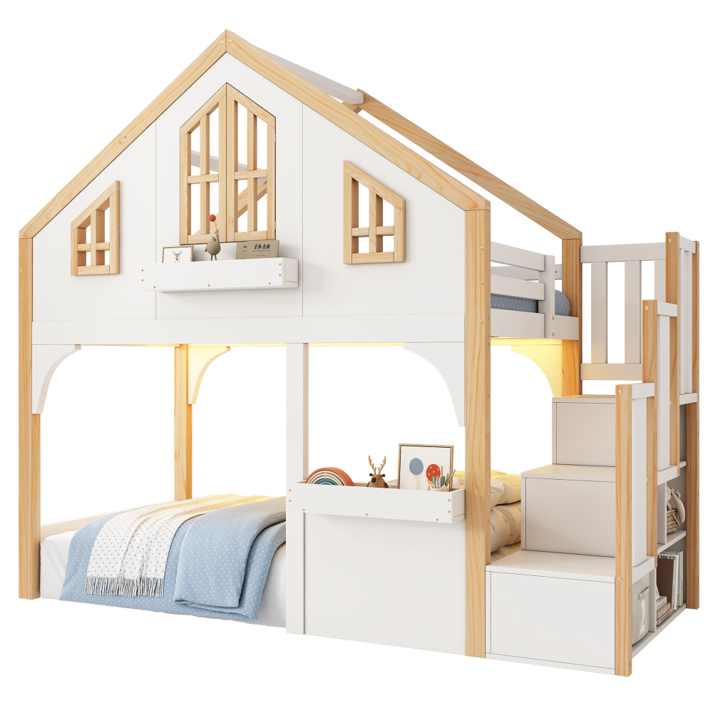 Litera infantil 90x200cm con escalera de almacenaje y LED madera – blanco