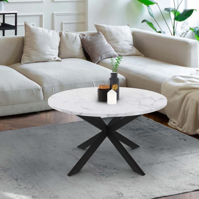 Mesa baja redonda alaska - efecto mármol blanco - metal negro - 70 cm
