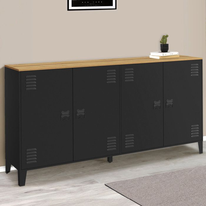 Aparador industrial negro de metal de 4 puertas - 160 cm