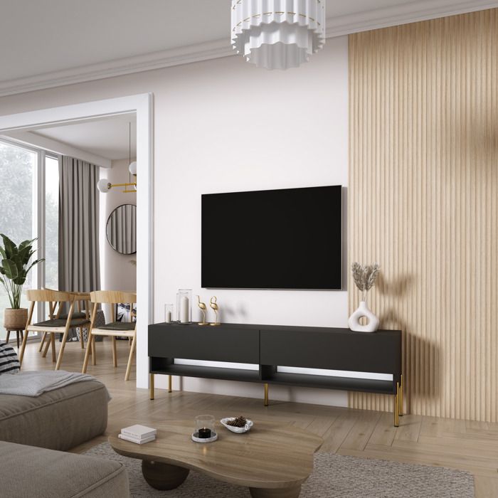 Mueble tv negro mate - patas doradas - LED - 170 x 32 x 52 cm