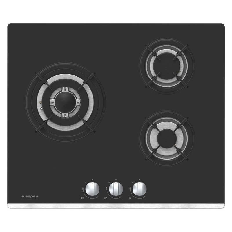 Placa de gas Aspes agw3600n 3 fuegos wok 60 cm cristal negro