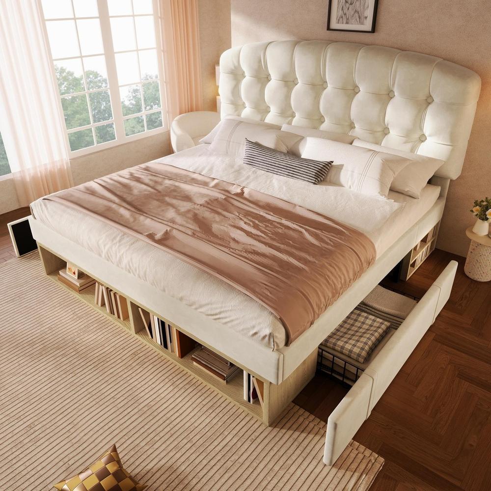 Cama 140x190cm terciopelo cabecero ajustable cajones almacenaje beige