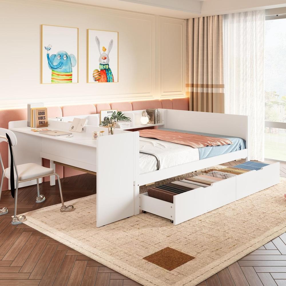 Cama de madera 140x200cm con escritorio y cajones, sin colchón, blanca