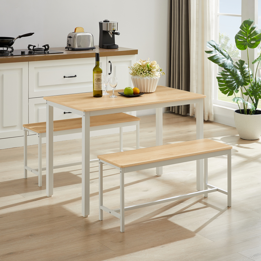 Conjunto de comedor con mesa y 2 bancos natural blanco 110x60cm