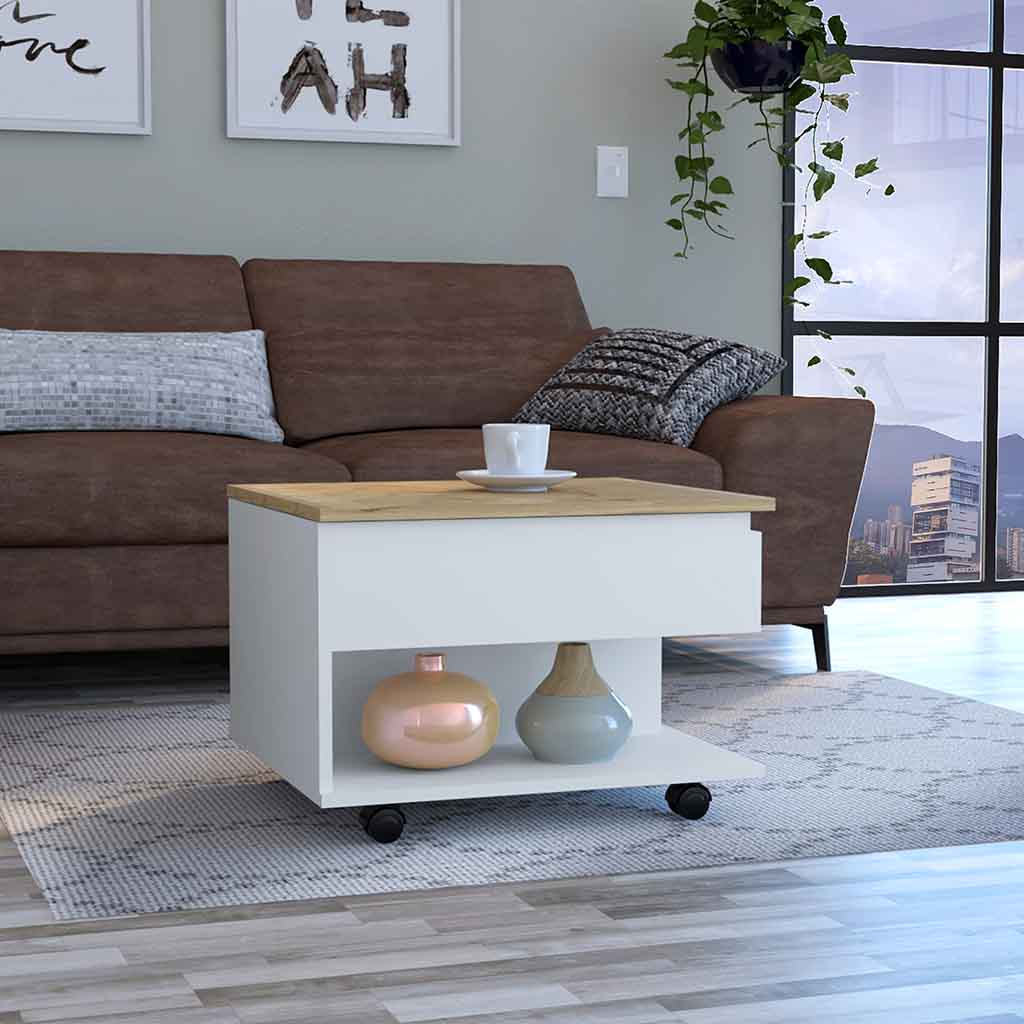 Mesa de centro luanda elevable en melamina con 2 estantes y 4 ruedas