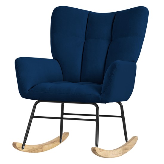 Mecedora con funda rizo azul oscuro guias madera ergonómico elegante