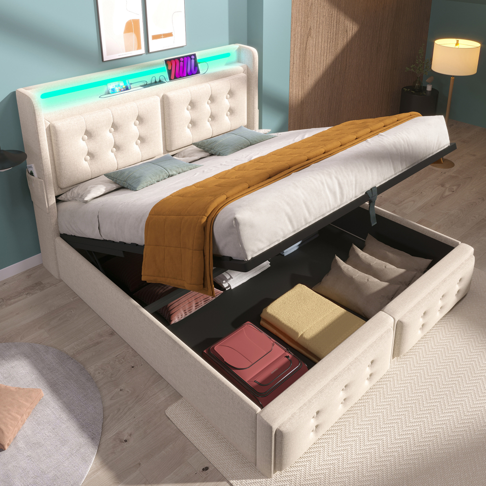 Cama Doble Tapizada 140x200cm con Canapé, LED y USB-C, Algodón y Lino Beige