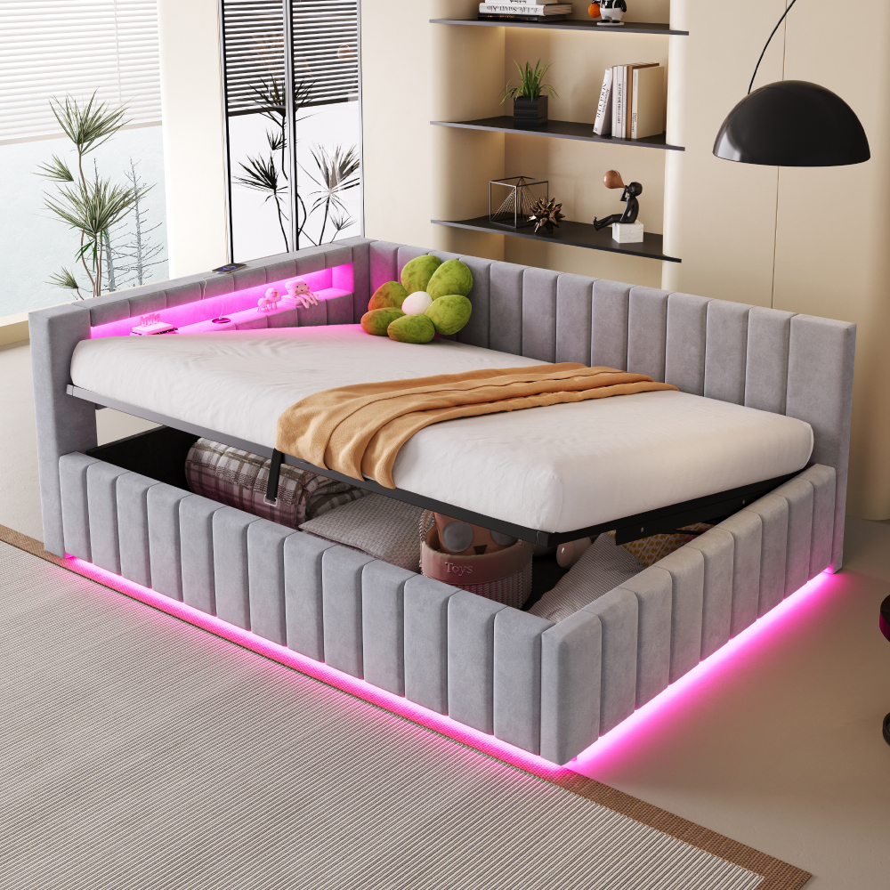 Sofá cama 140x200cm con canapé hidráulico LED usb terciopelo gris claro