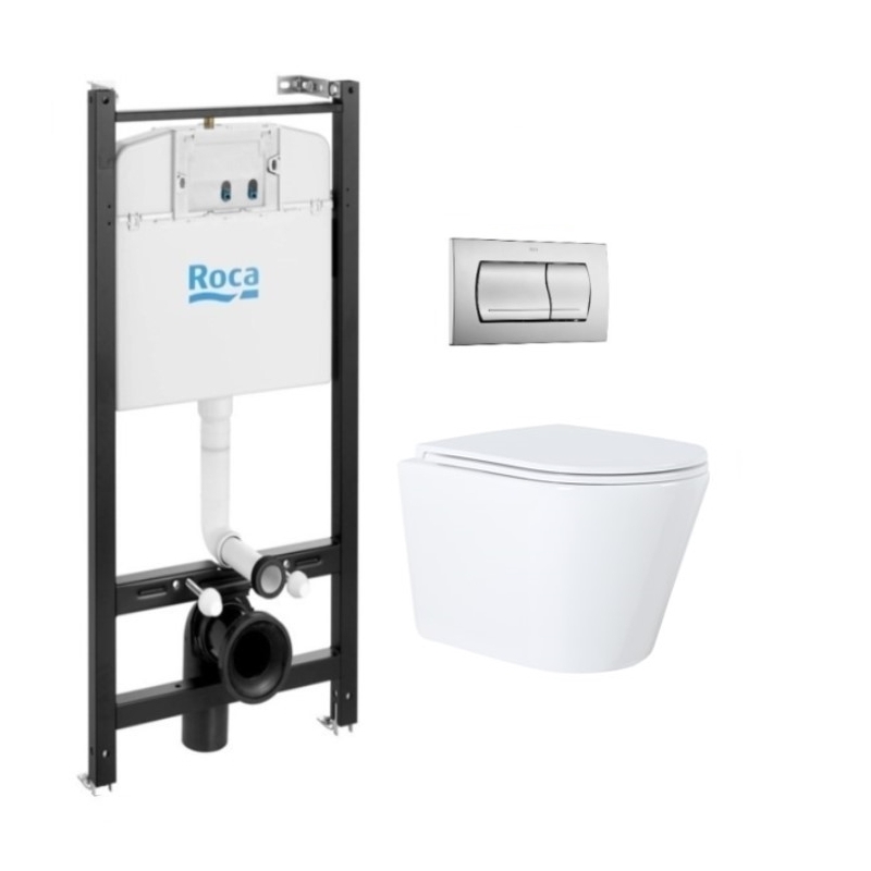Roca active y puls. PVC cromo mate y wc susp. Orion tapa fina 51,5 cm. Kp