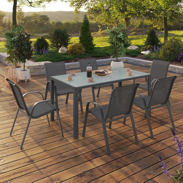 Conjunto de jardín de metal gris de 6 sillas - mesa de 150 cm