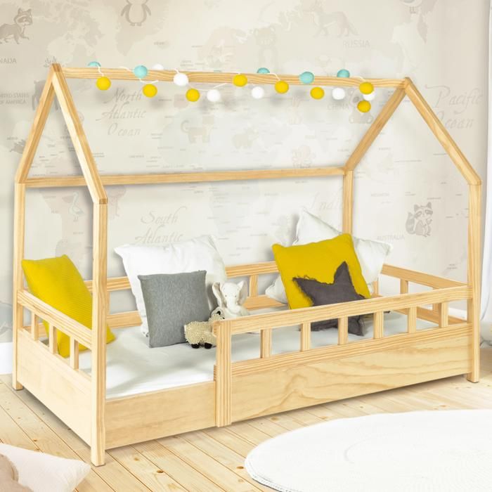 Cama cabaña infantil de madera natural - 80 x 160 cm