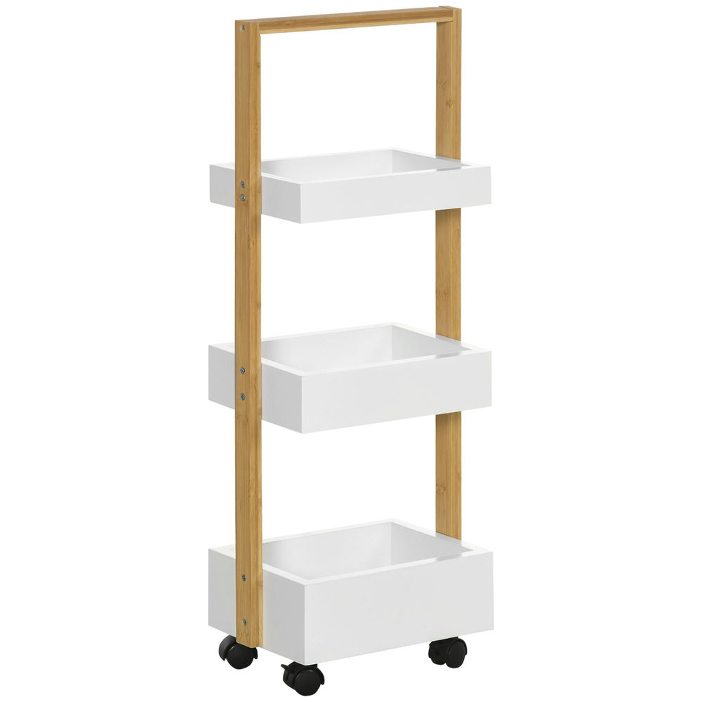 Carrito auxiliar 28x18x75 cm bambú, mdf color blanco Homcom, hogar - baño
