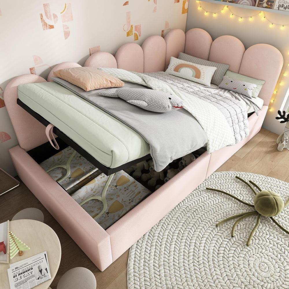 Cama banqueta 90x200cm con almacenamiento, canapé convertible, rosa