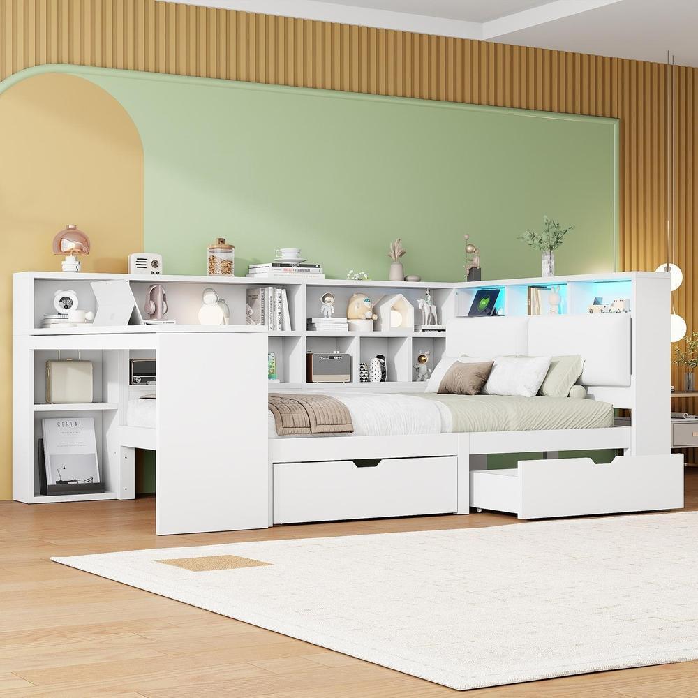 Cama plataforma en l con escritorio y estanteria 140x200cm blanca