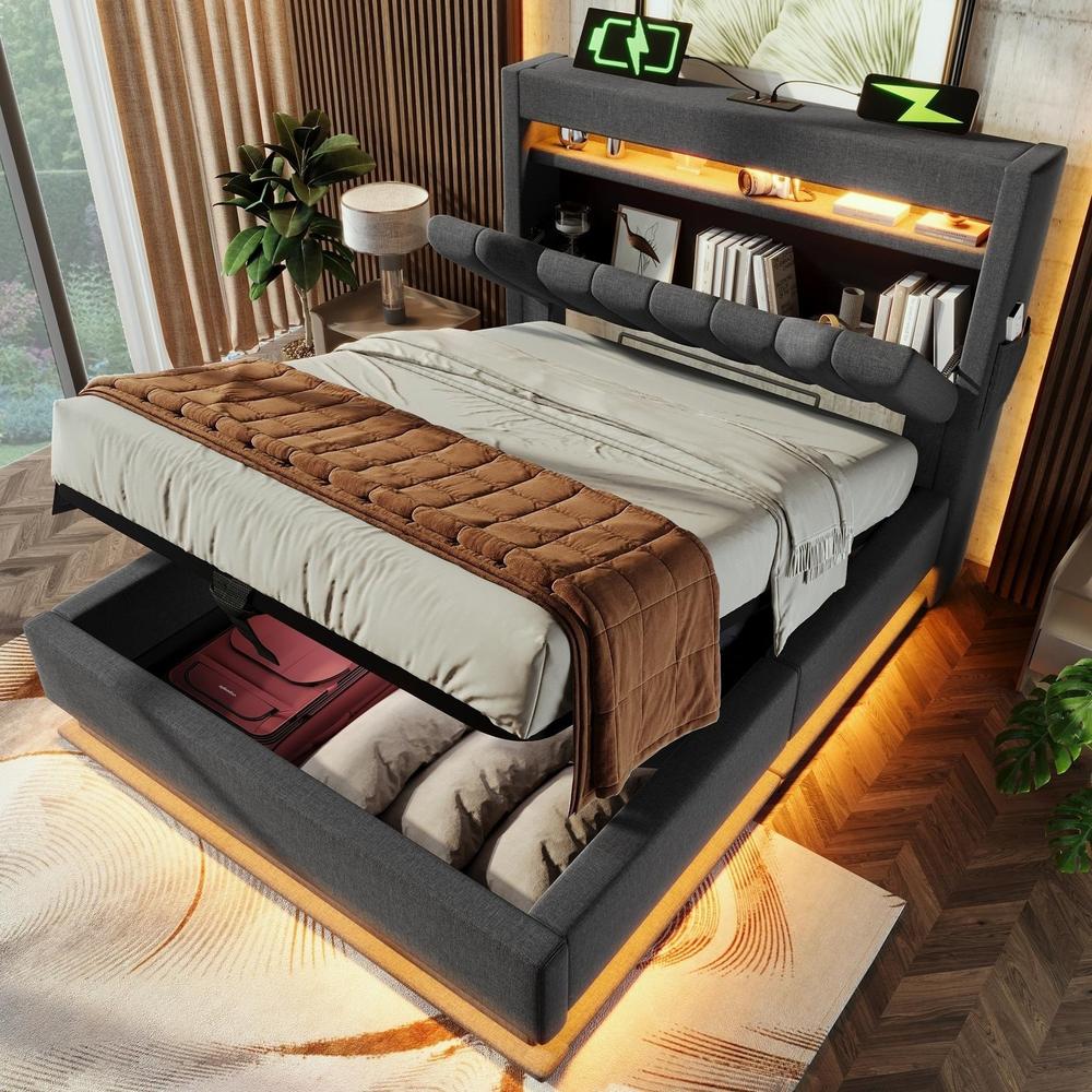 Cama 90x200cm con colchón, cabecero, LED, usb-c y almacenaje gris