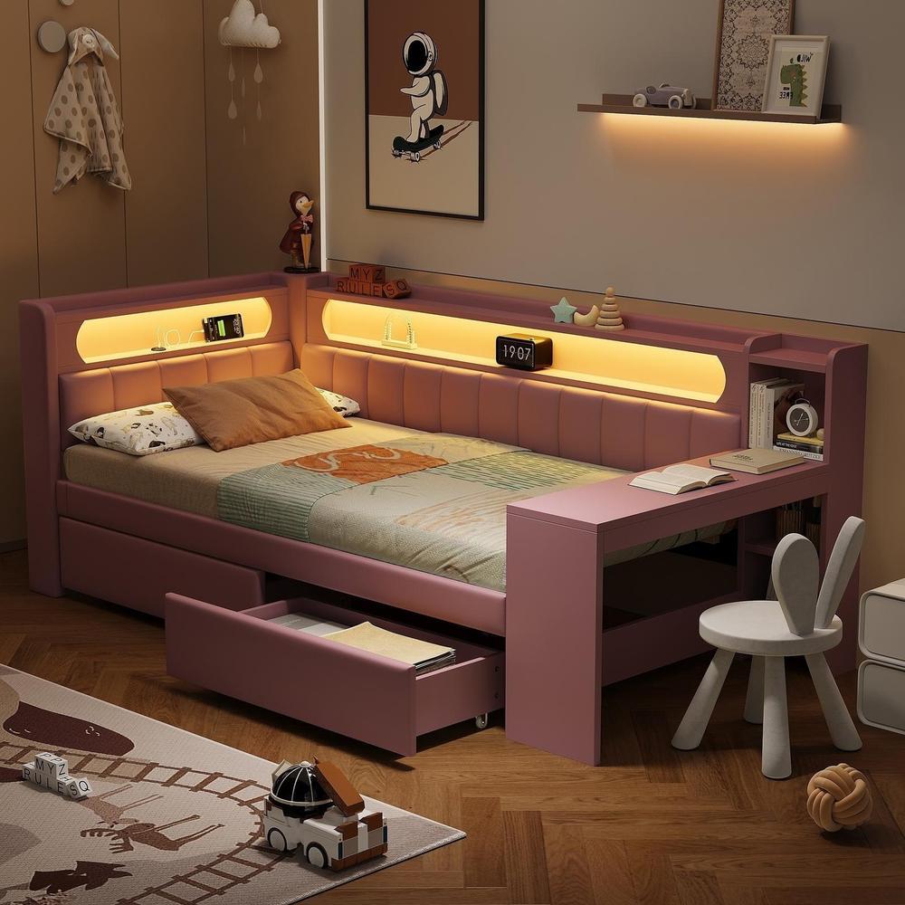 Cama diván 90x200cm usb, LED 7 colores, escritorio, 2 cajones rosa