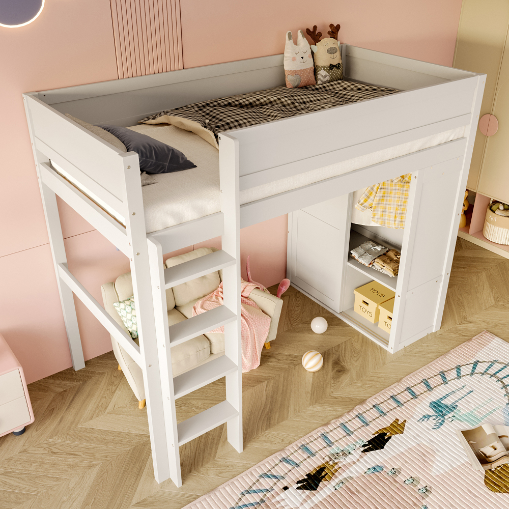 Cama alta infantil 90x200cm con armario y almacenaje, pino y mdf – blanco