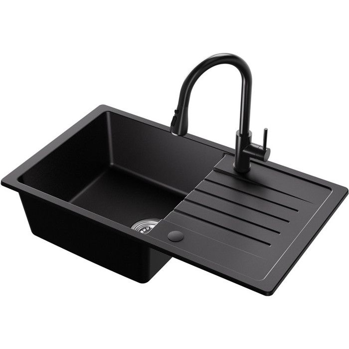 Fregadero de cocina negro de granito de 78x45cm con escurridor reversible y