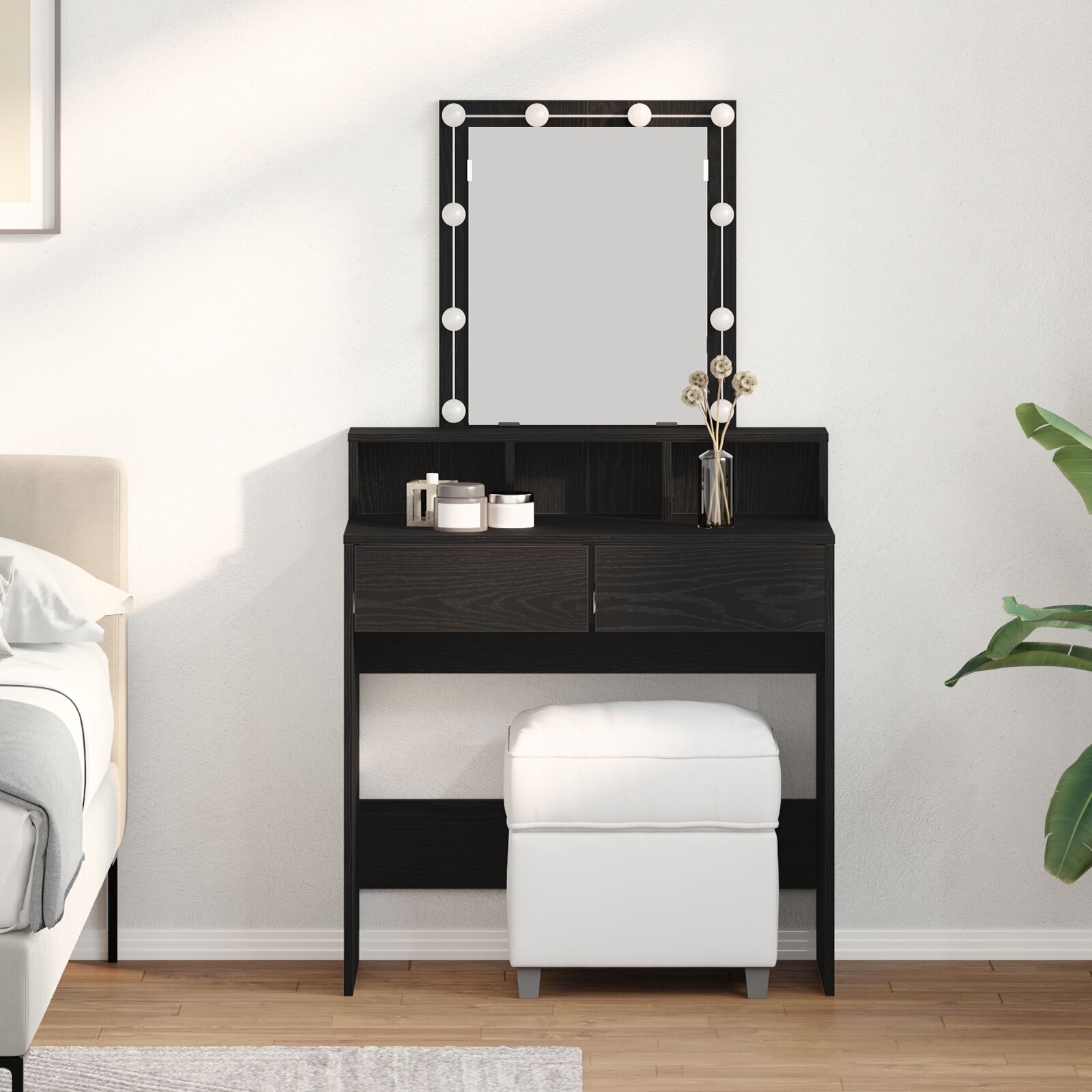 Mesa de tocador con espejo y luces LED de madera de roble negro oif814087