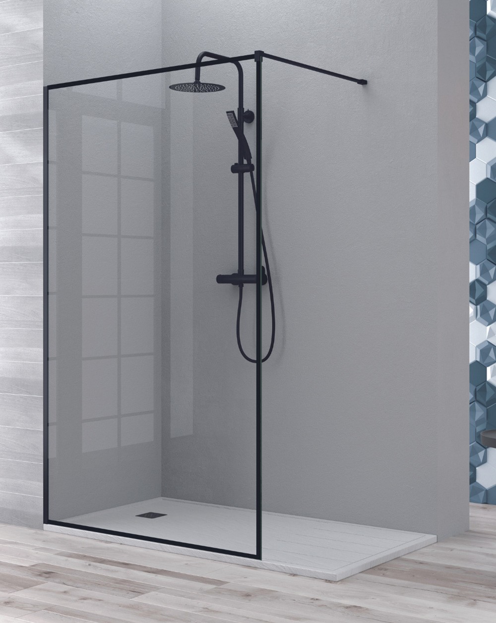 Mampara ducha fijo walk in | transparente 80cm reborde negro