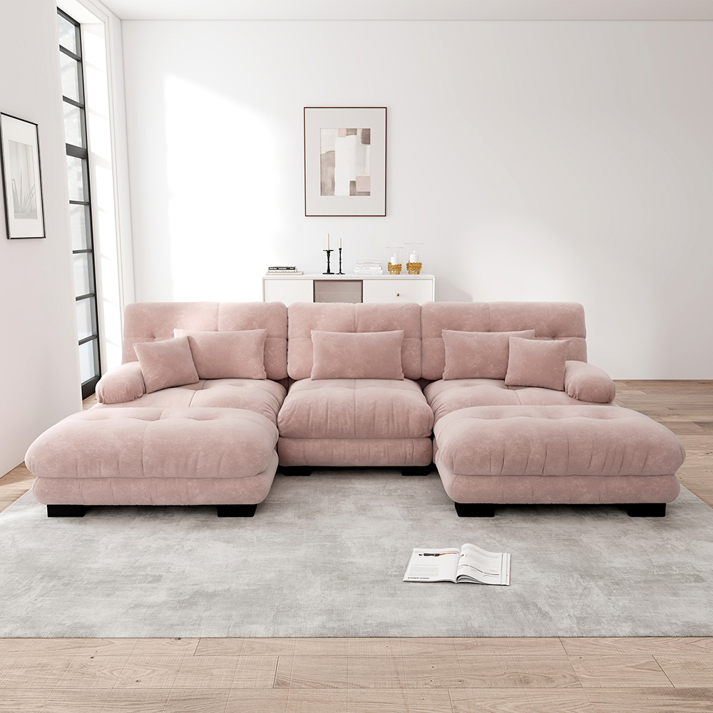 Sofá en forma de u, reposapiés, tejido afelpado, rosa